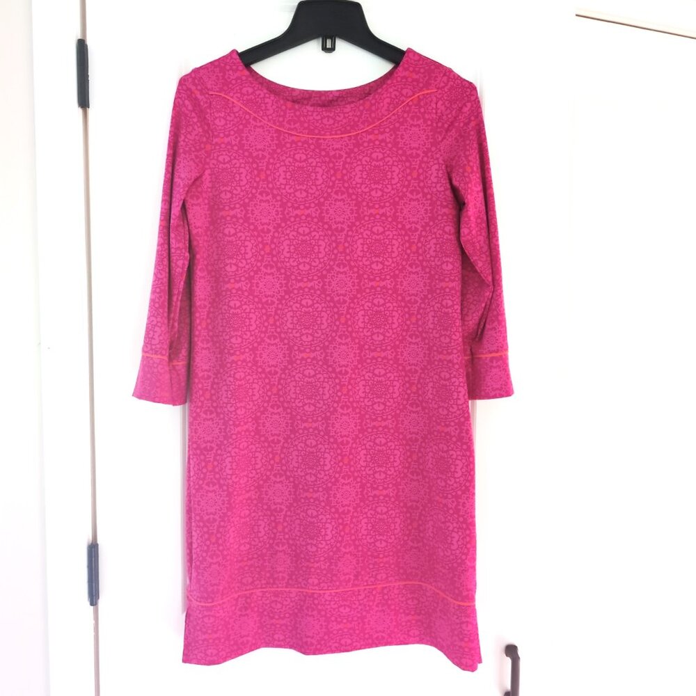 Land's End Boatneck 3/4 Sleeve Shift Dress Swim Cover Up Size XS Pink Medallion